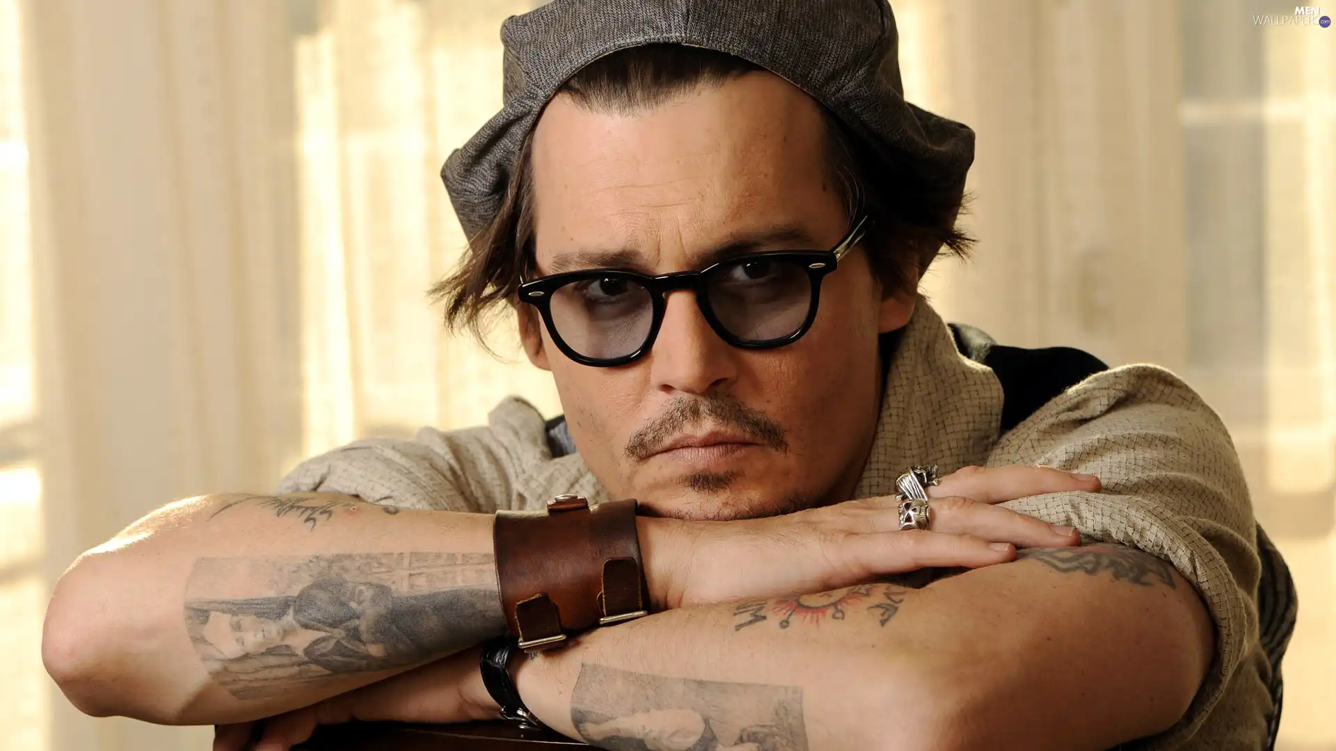Glasses, Hat, Ring, Tattoo, bracelet, actor, Johnny Depp, Leather