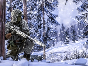 soldier, sniper, snow, trees, forest, Battlefield 4, game, winter