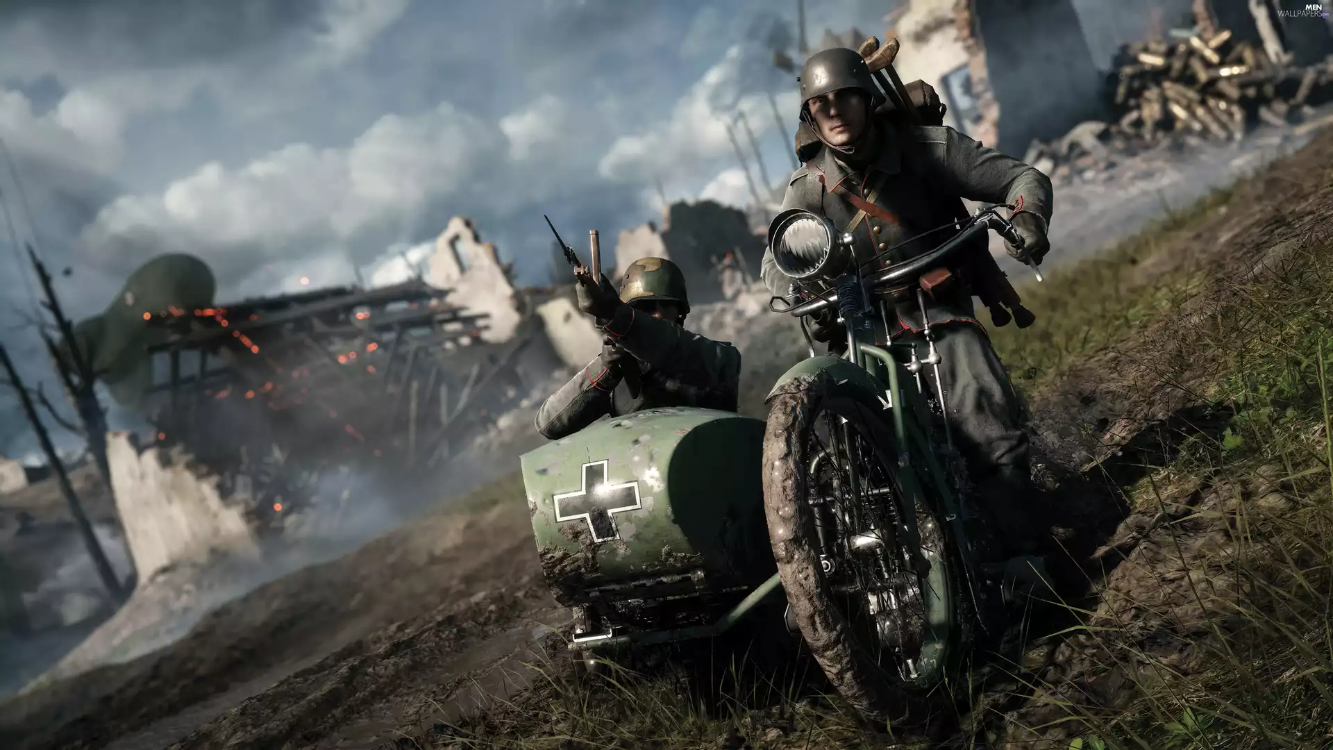 ruins, soldiers, Battlefield 1, motor-bike, game