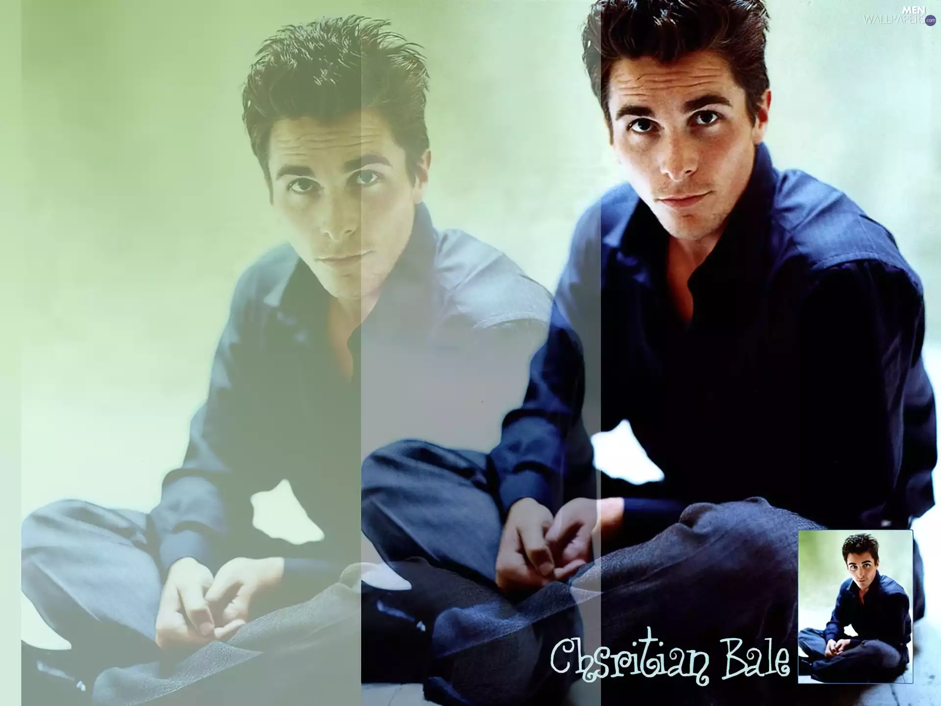 Christian Bale, dark blue shirt