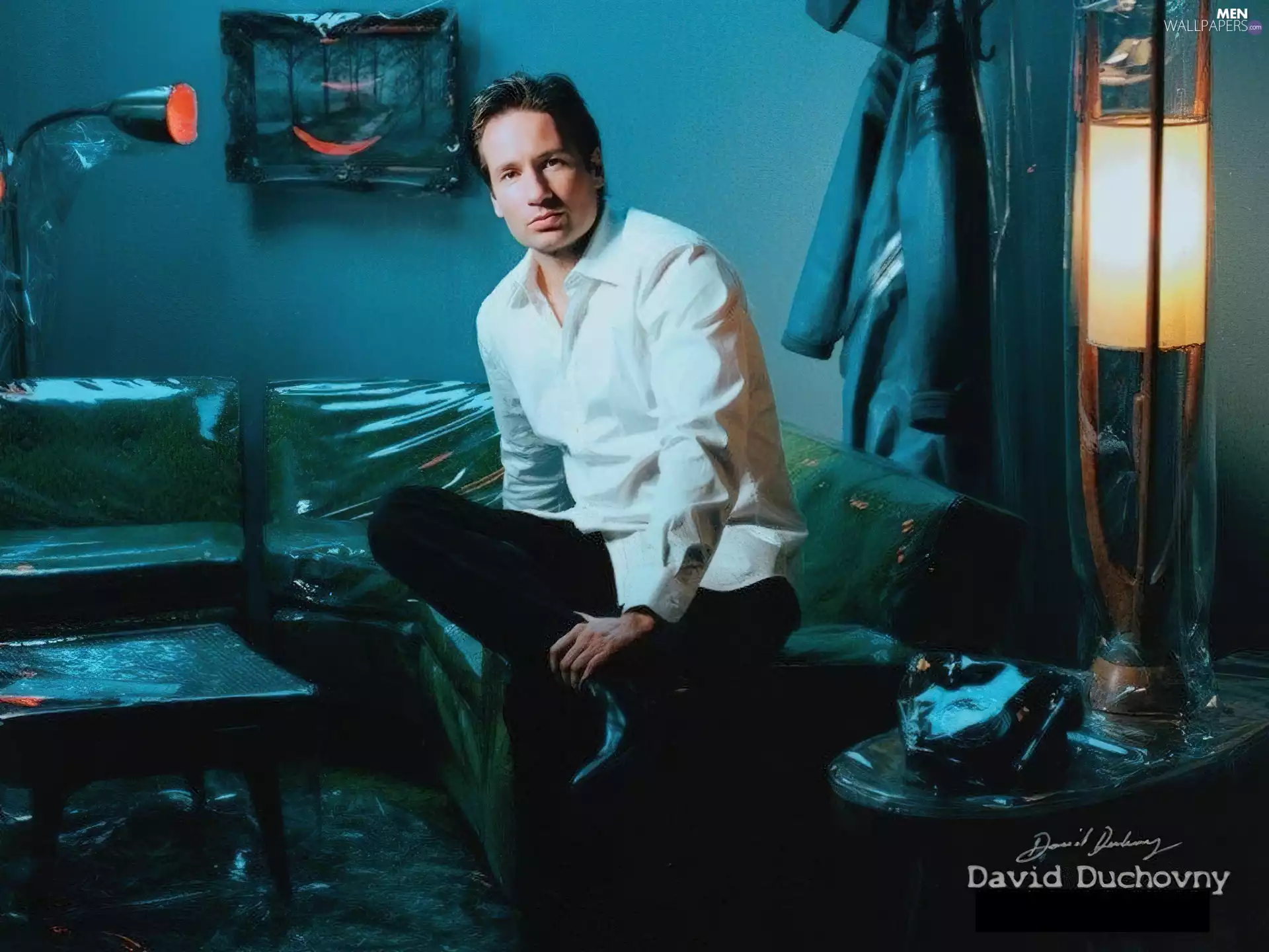 black pants, David Duchovny, white shirt
