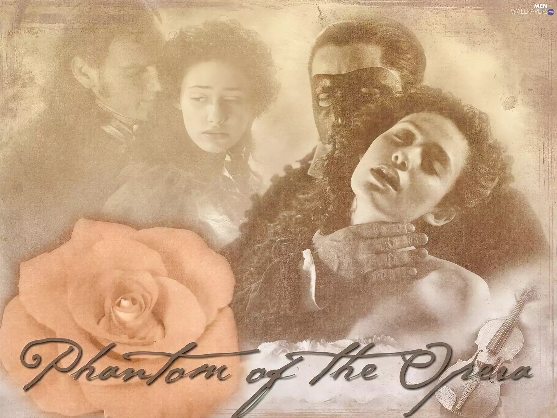 Emmy Rossum, Gerard Butler, text, Phantom Of The Opera, rose