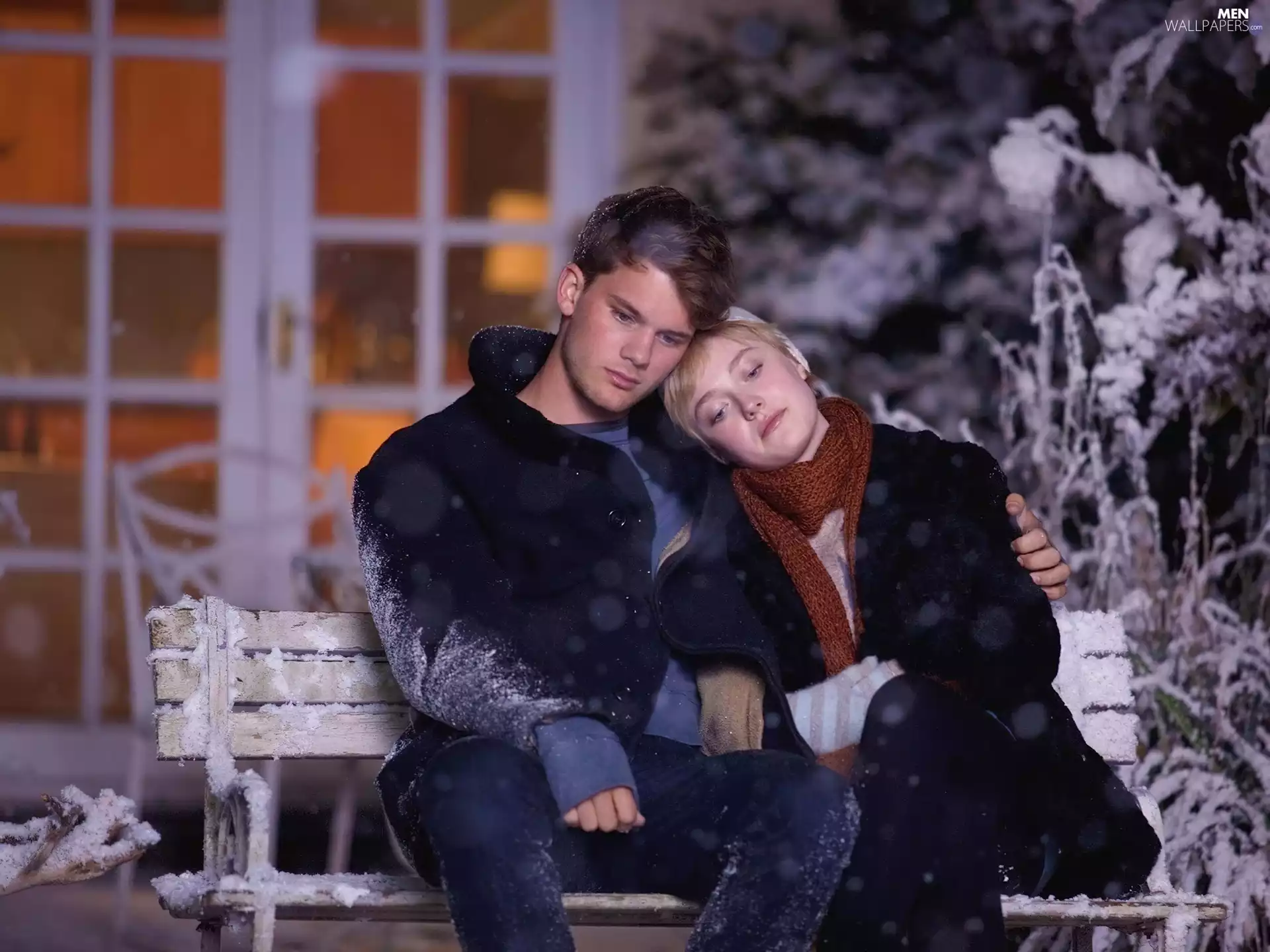 actor, movie, Bench, snow, Jeremy Irvine, Dakota Fanning