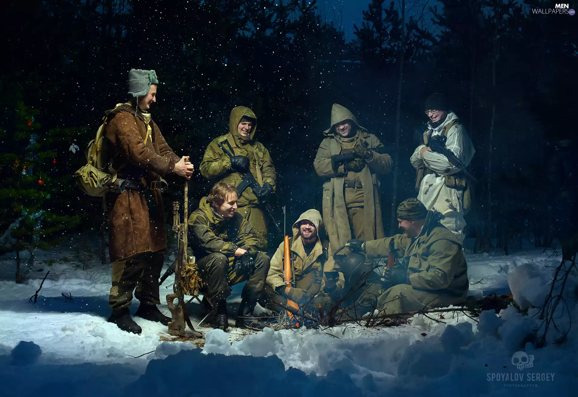 soldiers, fire, snow, forest, winter