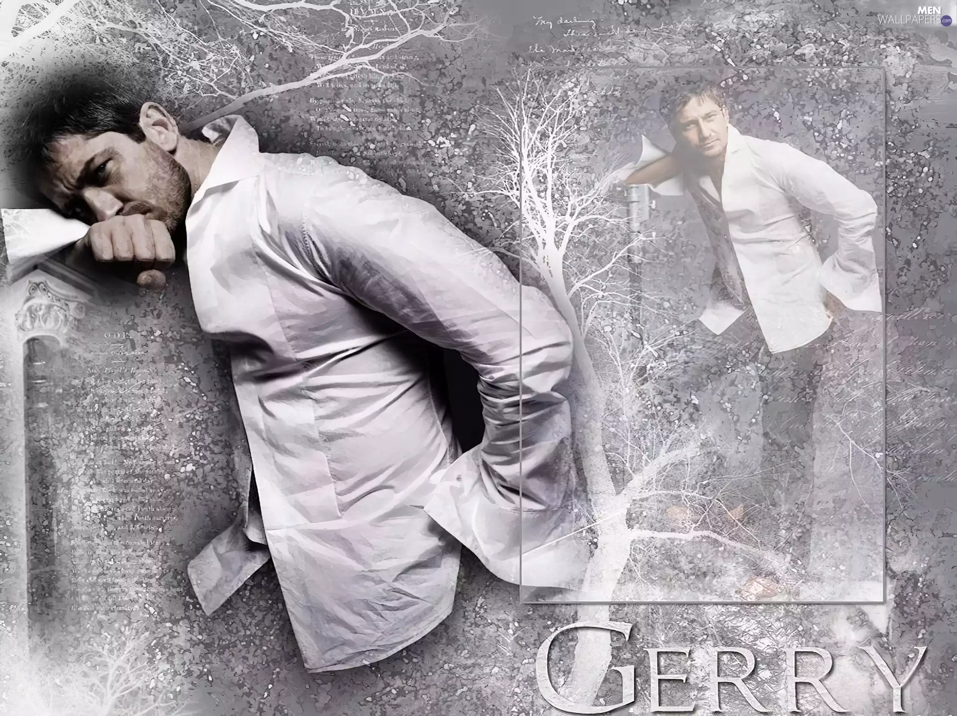 trees, Gerard Butler, white shirt