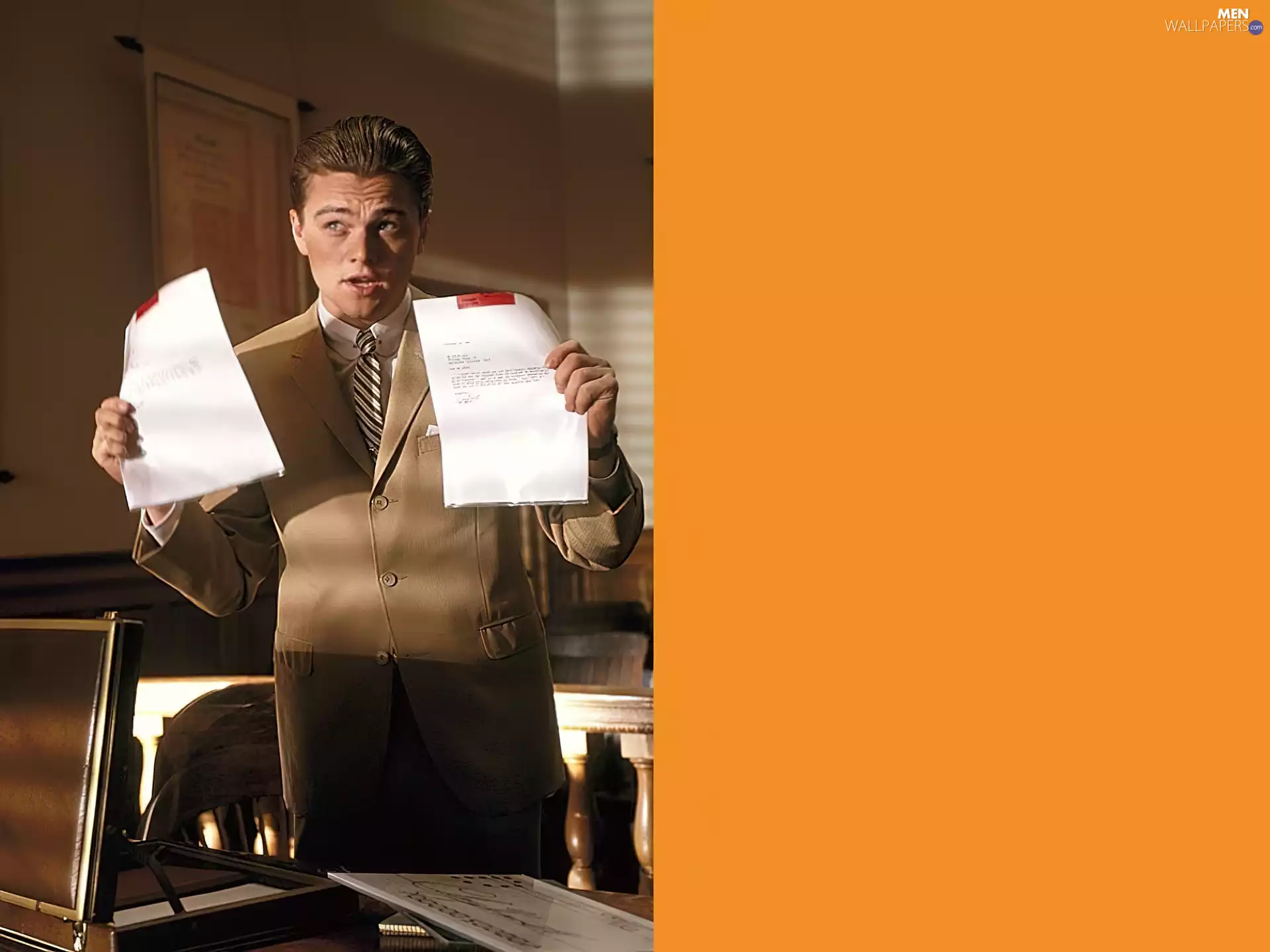 Leonardo DiCaprio, brown jacket