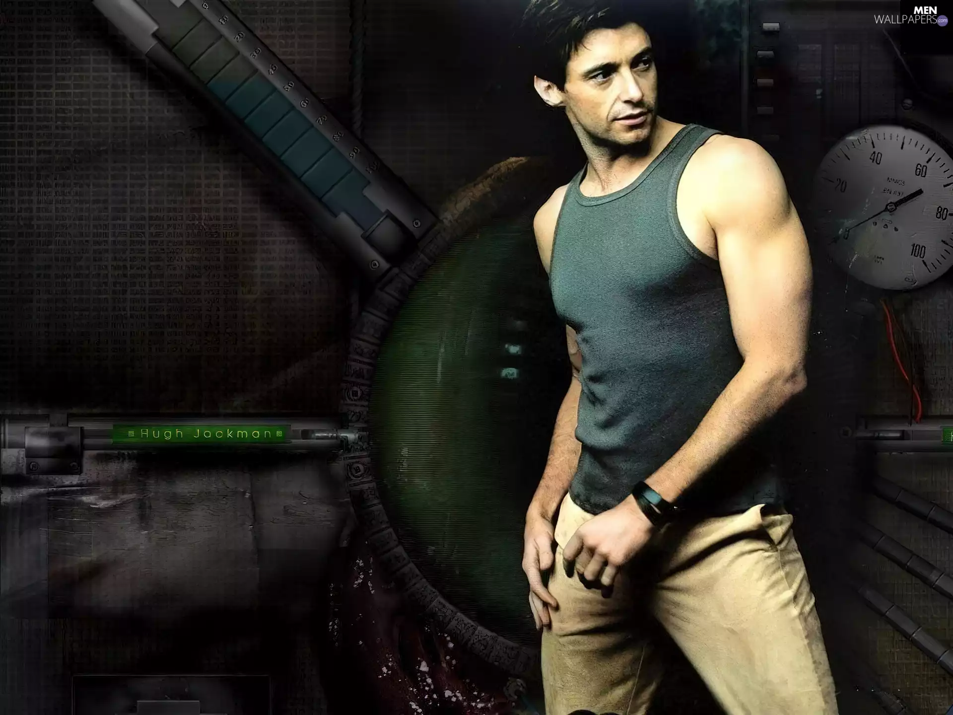 beige trousers, Hugh Jackman, gray shirt