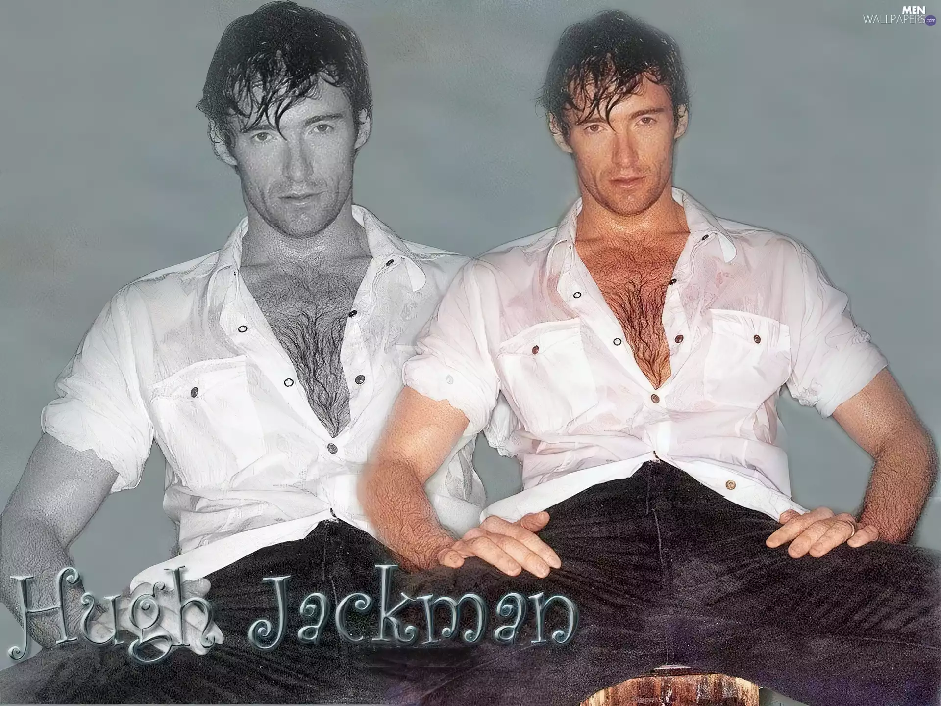 Wet hairs, Hugh Jackman, unbuttoned shirt