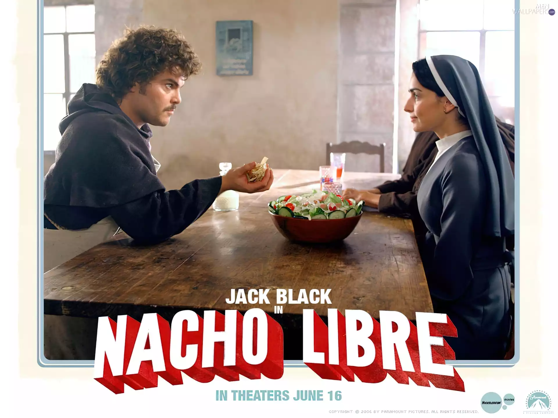 Table, salad, Jack Black, Ana Reguera, Nacho Libre