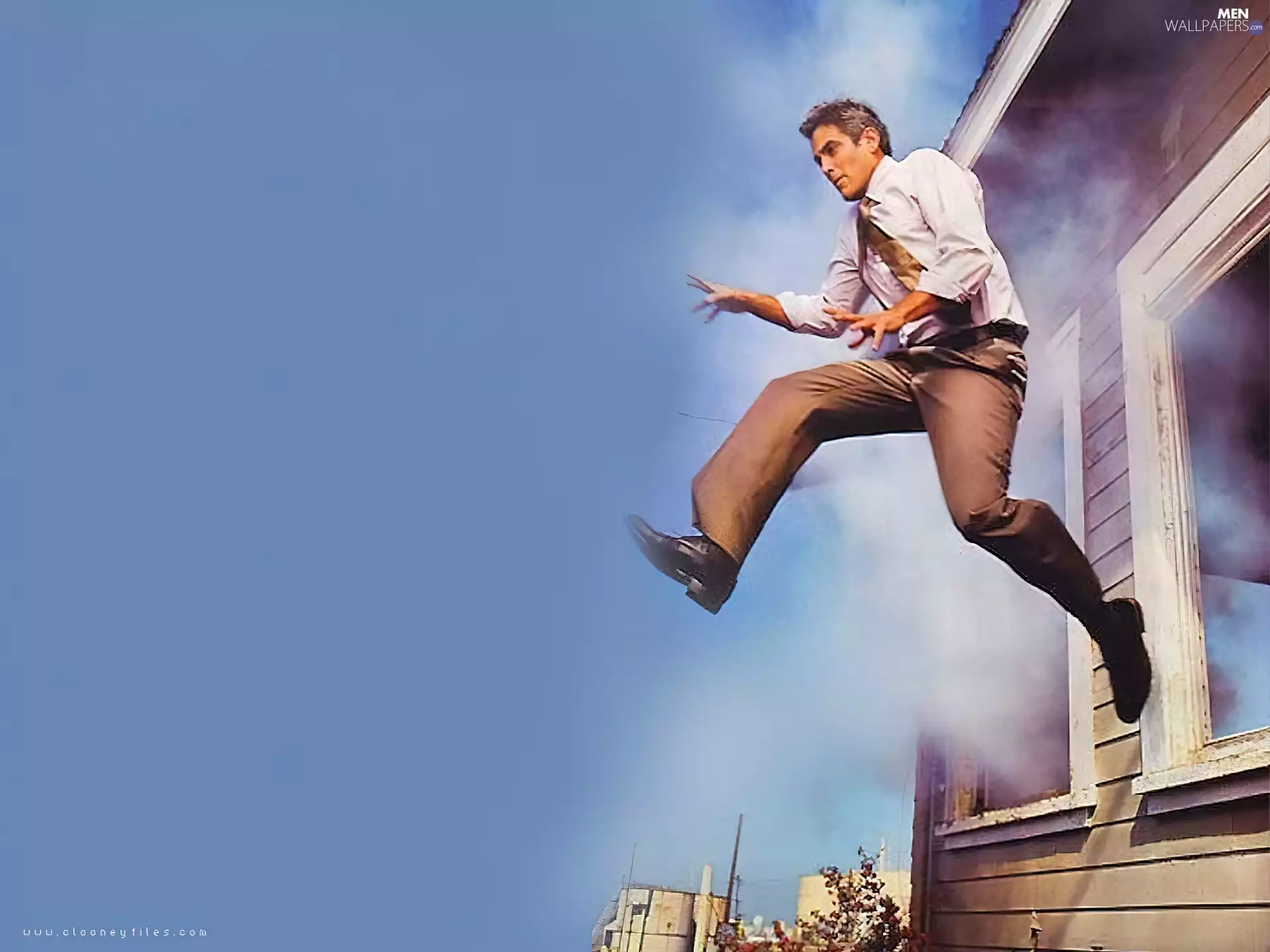 brown pants, George Clooney, jump