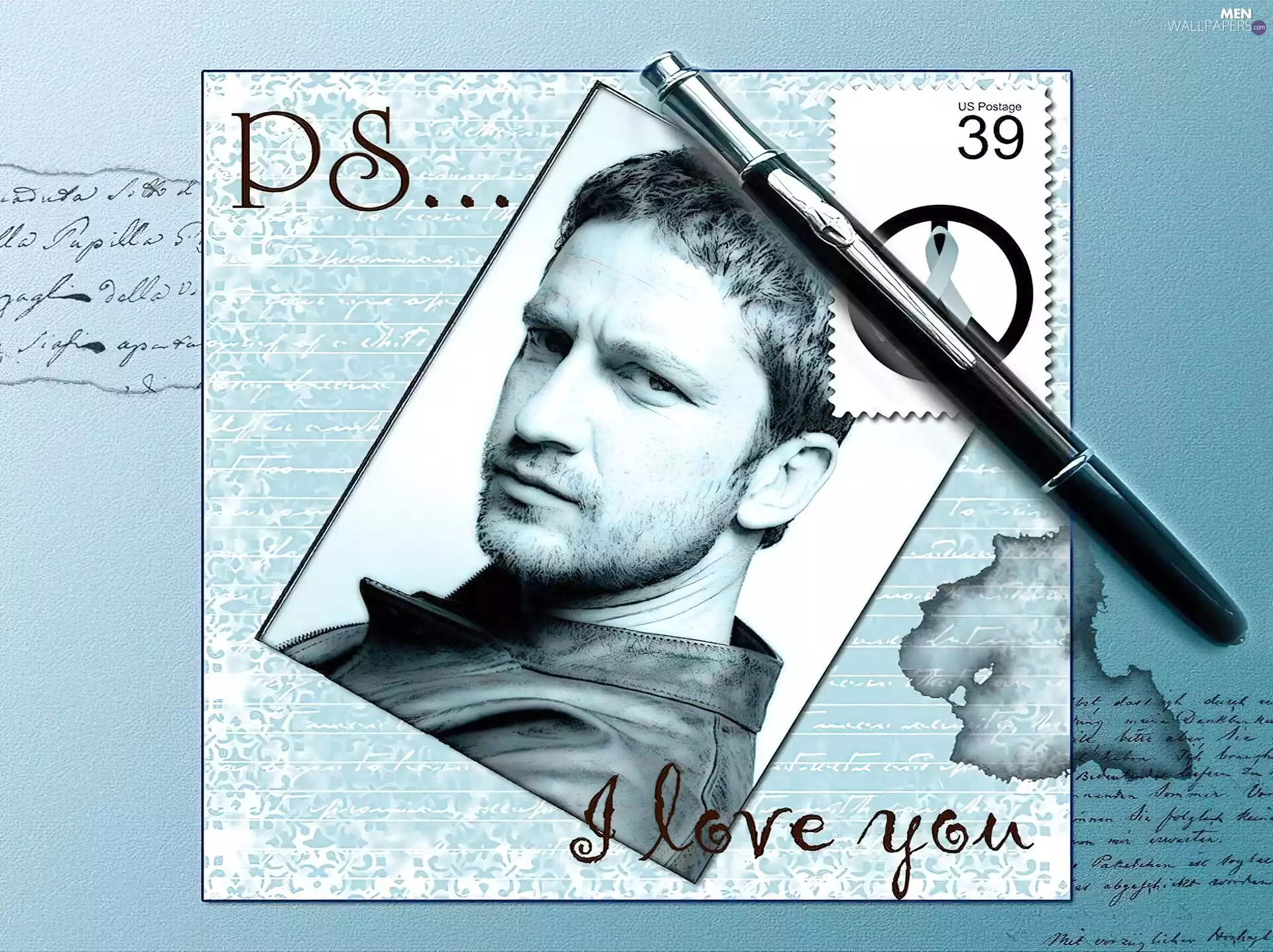 stamp, Gerard Butler, pen