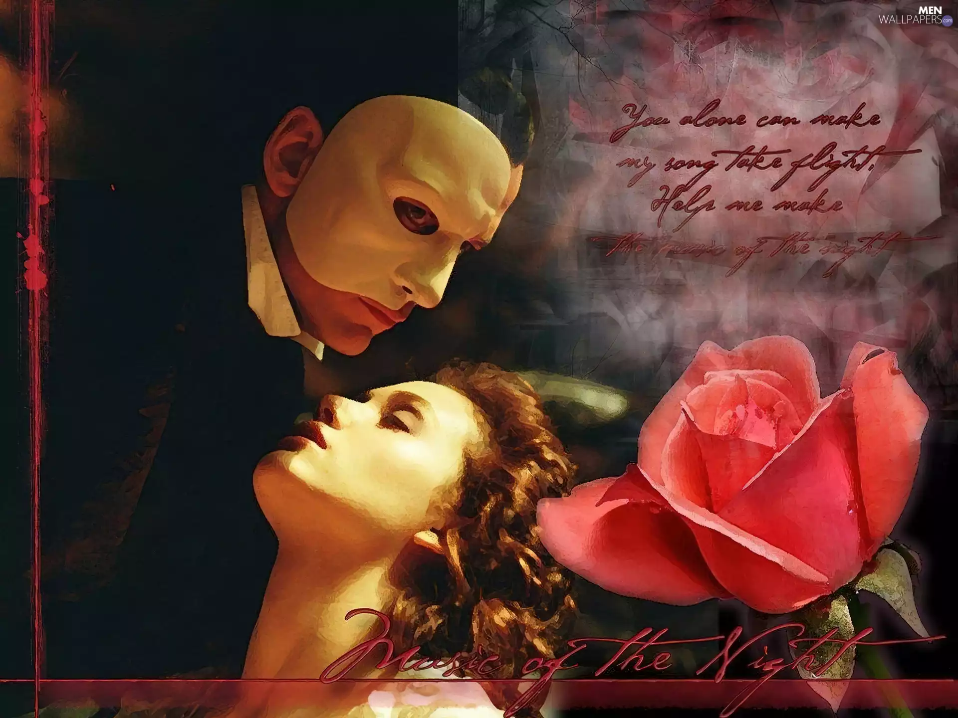 Gerard Butler, rose, Mask, text, Emmy Rossum, Phantom Of The Opera