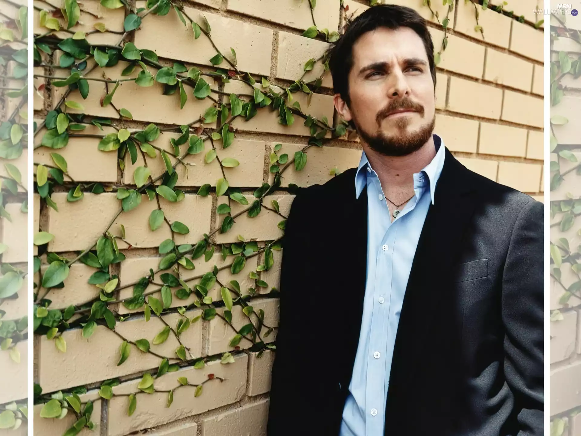blue shirt, Christian Bale, beard