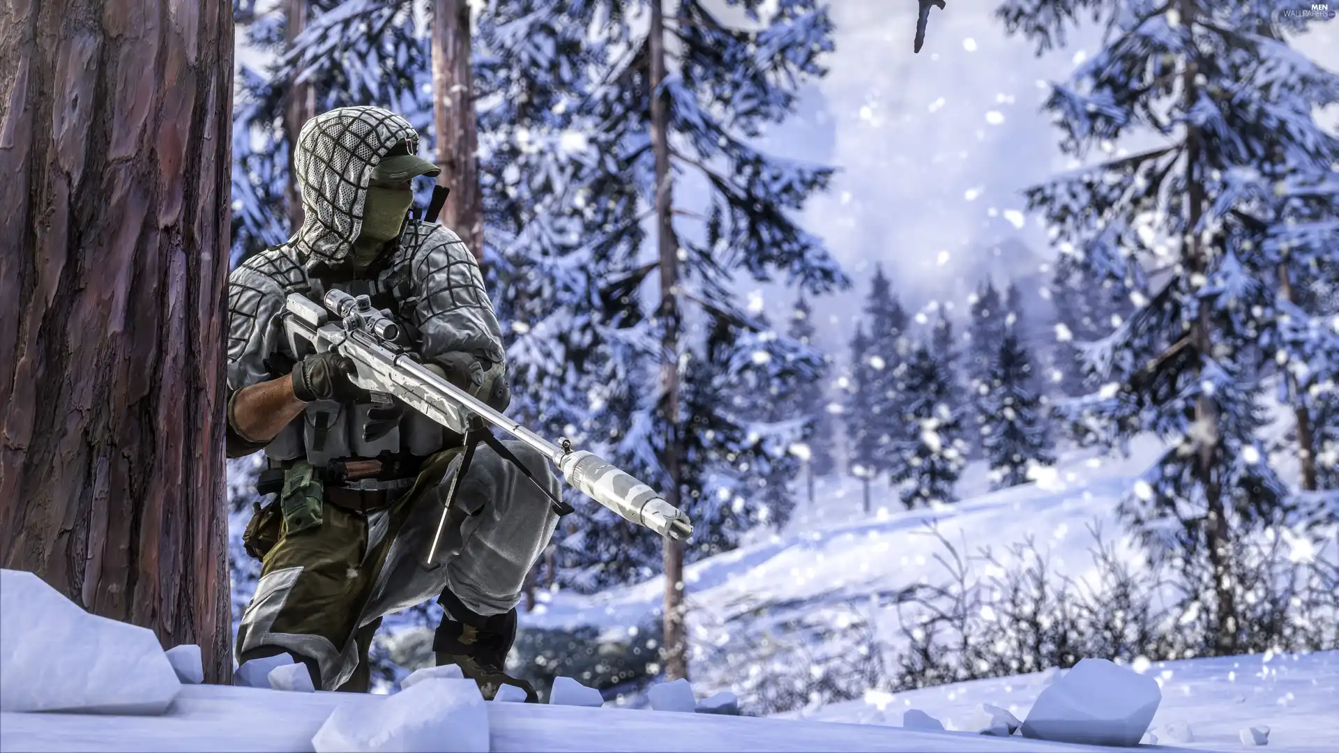 soldier, sniper, snow, trees, forest, Battlefield 4, game, winter
