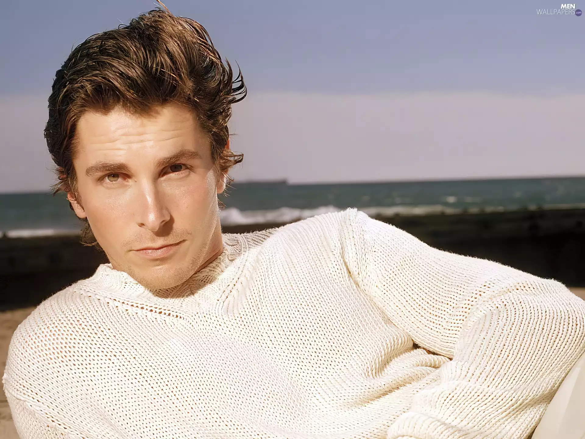 Christian Bale, bright sweater