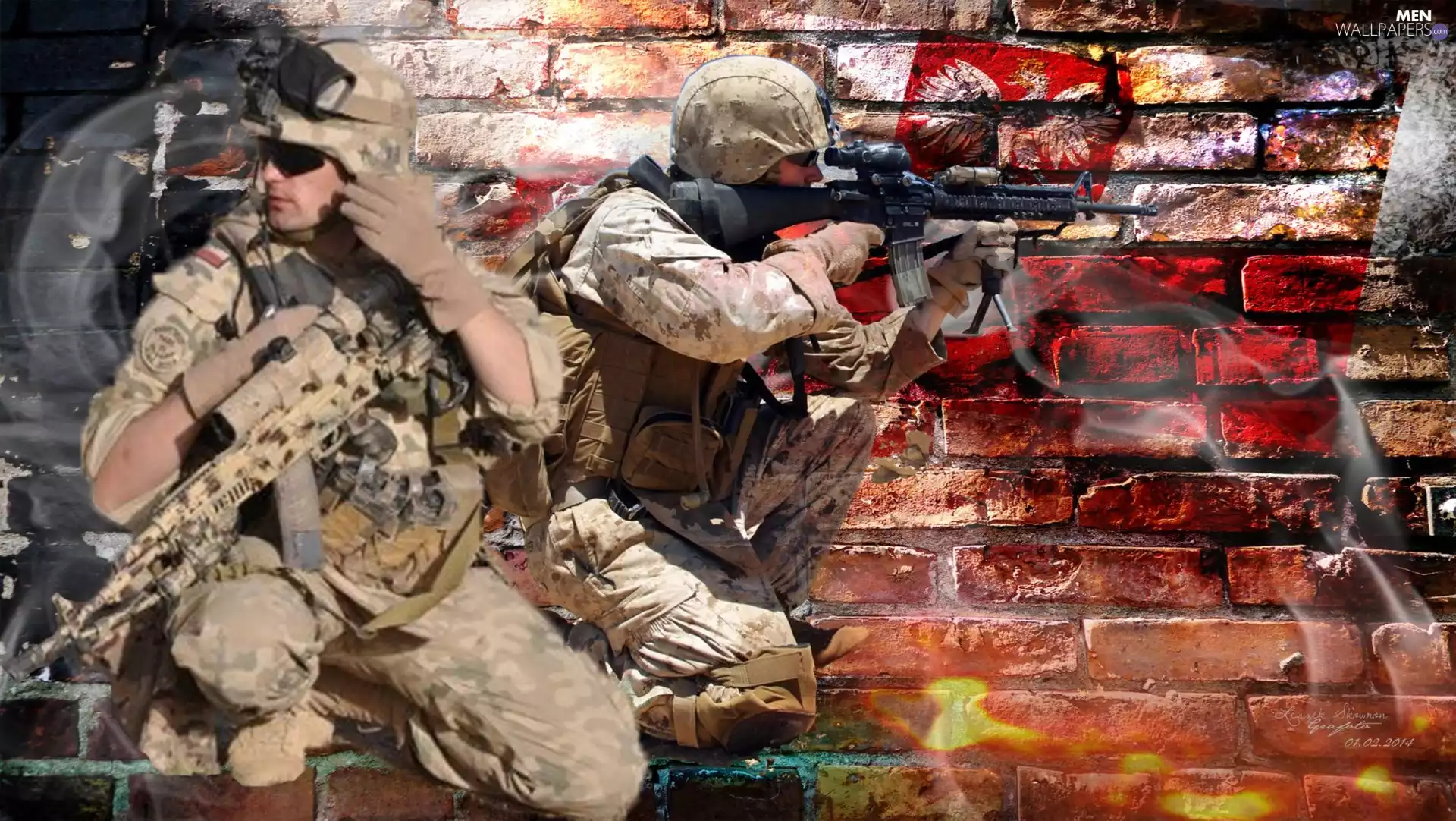 eagle, soldiers, flag, wall, Glasses, brick