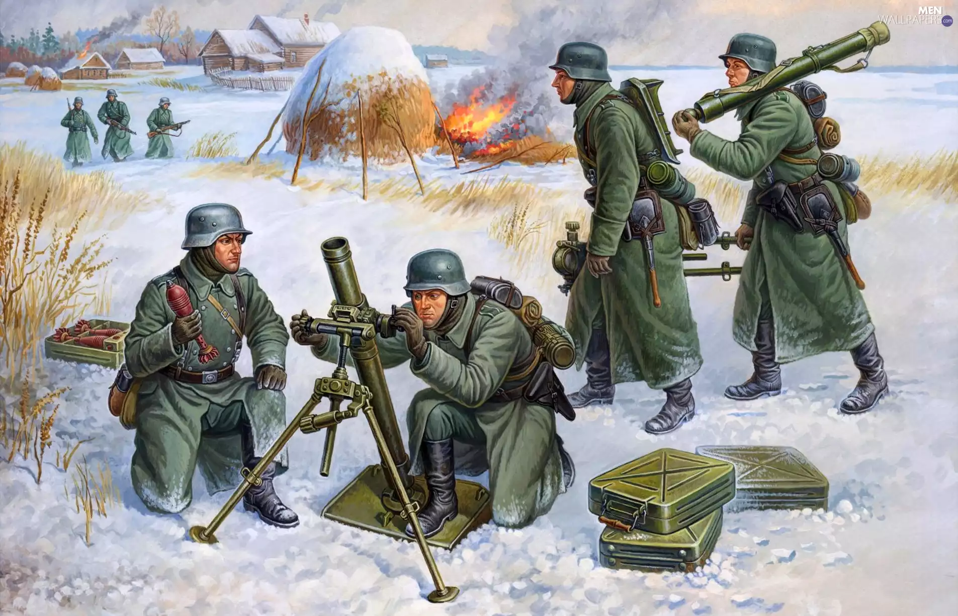 village, Big Fire, Weapons, Fight, soldiers