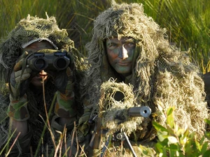 Masked, carbine, binoculars, soldiers