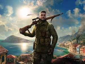 gun, Town, smoke, sun, vessels, soldier, Sniper Elite 4, plane