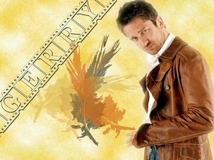 Gerard Butler, brown jacket