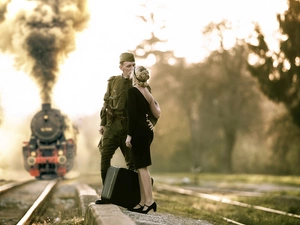 soldier, good-bye, Train, girl